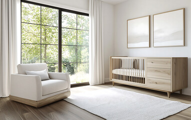 Scandinavian nursery featuring soft grey and white color scheme, with wooden crib, cozy armchair, and large windows allowing natural light. serene atmosphere is perfect for child room