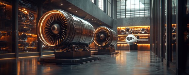 Two Jet Engine Displays in a Modern Industrial Interior