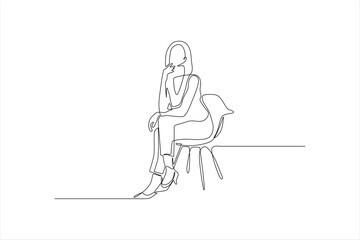 A minimalist line drawing of a woman sitting thoughtfully on a chair.