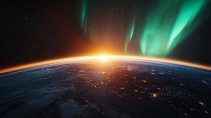A glowing aurora borealis seen from space, dancing over Earth atmosphere.