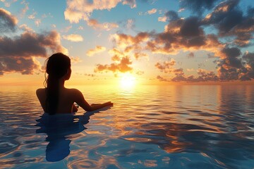 Fototapeta premium Woman relaxing in luxury infinity pool, looking at ocean at sunset.