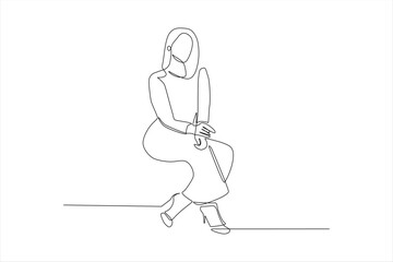 A minimalist line drawing of a seated woman holding a sword, emphasizing elegance and strength.