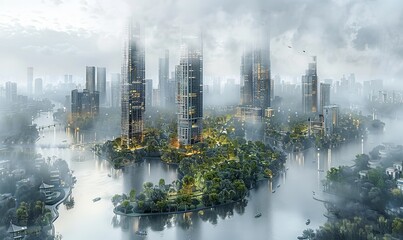 Fototapeta premium This colorful digital illustration showcases a vibrant smart city of the future, featuring towering skyscrapers, autonomous vehicles navigating connected paths, and greenery interspersed throughout