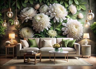 Elegant Wall Art Featuring Large Blooming White Flowers with Green Leaves Above a Cozy Sofa in Low Light, Perfect for Home Decor and Interior Design Inspiration