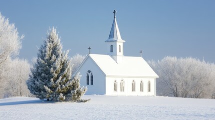 Quaint snowy church surrounded by frosted trees, perfect for Christmas or New Year backgrounds with space for holiday messages.