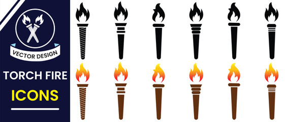 Torch fire icon, vector set collection. Fire torch silhouette, logo, symbol.  Burning Torch flame icon, vector design for logo app, website. Vector illustration.