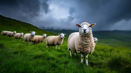 Fototapeta premium A herd of Icelandic sheep grazing on a green hillside, with dramatic clouds overhead.
