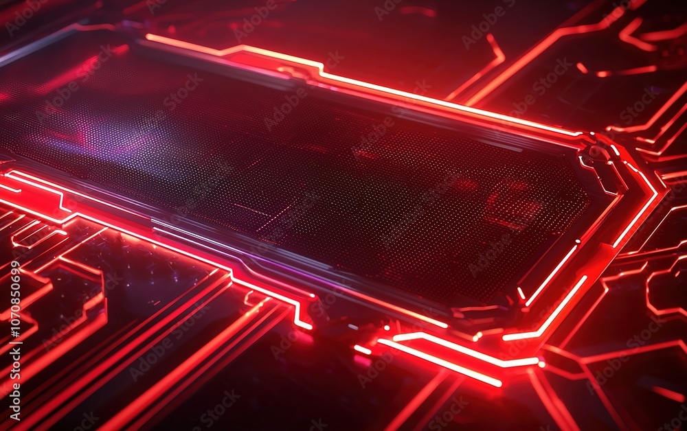 Poster close-up view of a glowing circuit board with intricate patterns illuminated in red light showcasing
