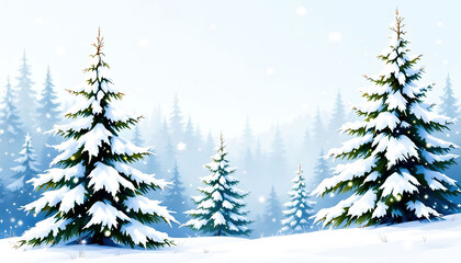 Fototapeta premium Winter snowy forest landscape showcasing tall trees blanketed in fresh snow, creating a serene, cold, and peaceful atmosphere perfect for seasonal and winter-themed visuals.
