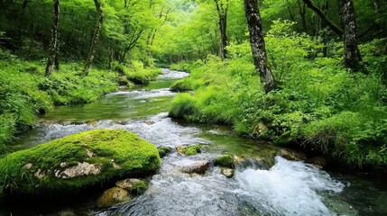 Obraz premium Clear Stream Flowing Through Lush Green Forest