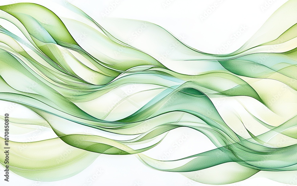 Poster soft green abstract waves flowing gently across a light background, creating a serene and calming vi
