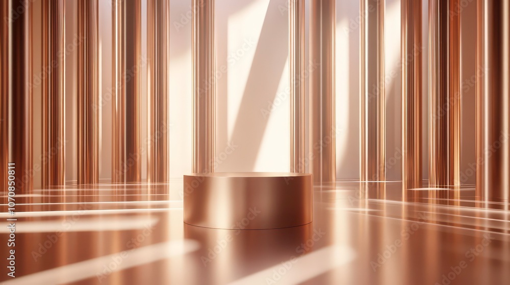 Poster a modern, illuminated space featuring a circular pedestal surrounded by tall columns.