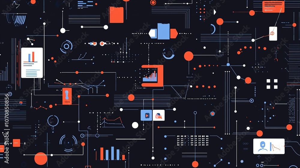 Poster abstract digital data visualization with graphs, lines, and circles on a dark background representin