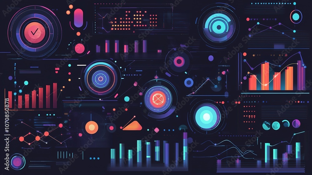 Poster colorful digital dashboard displaying various data visualizations and analytics metrics at night