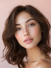 Obraz premium A young woman showcases her effortless beauty with tousled brown hair and a fresh, natural makeup look against a softly illuminated pink backdrop