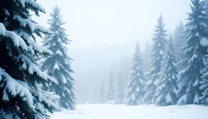 Naklejka premium Winter snowy forest landscape showcasing tall trees blanketed in fresh snow, creating a serene, cold, and peaceful atmosphere perfect for seasonal and winter-themed visuals.