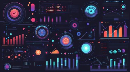 Obraz premium Colorful digital dashboard displaying various data visualizations and analytics metrics at night