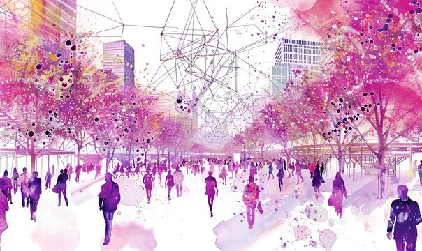 In a lively urban environment, individuals move through a seamlessly interconnected ecosystem, where 5G technology supports communication among people, machines, and devices in a colorful world