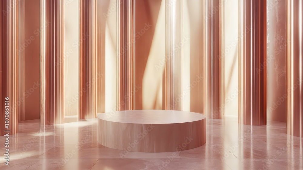 Poster a minimalist interior space featuring a circular platform and illuminated columns.