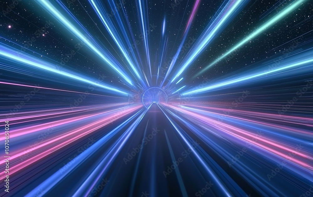 Poster vivid light trails stretch toward a glowing vortex in a cosmic space setting, creating an illusion o