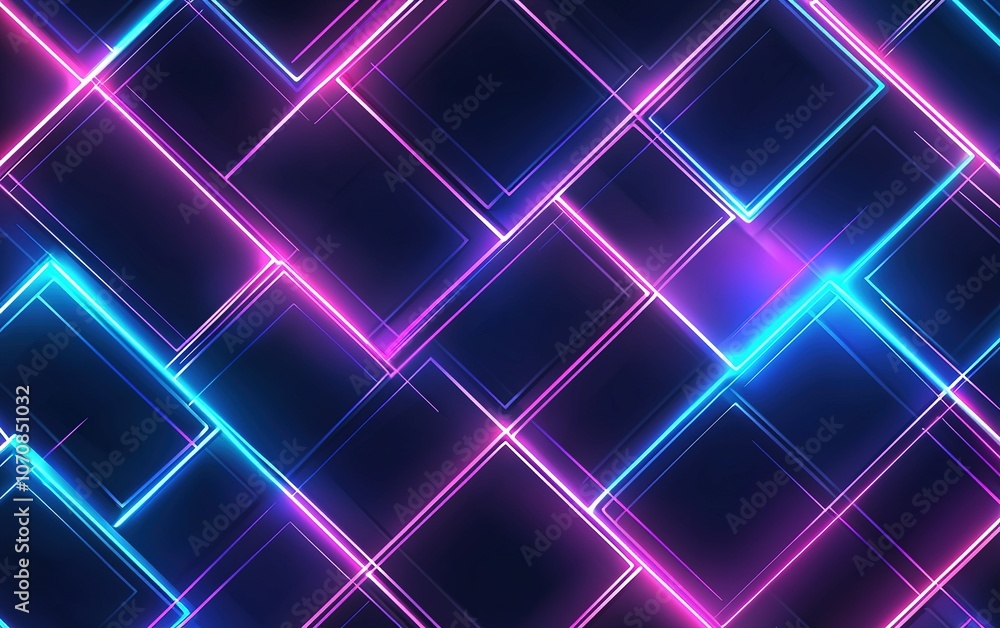Poster a vibrant array of interconnected neon squares illuminated in various shades of pink and blue agains