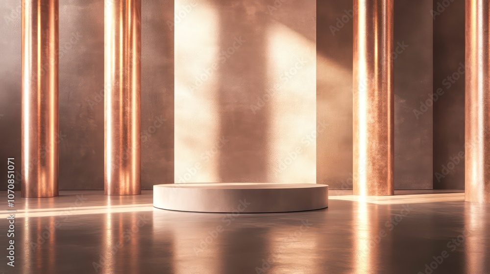 Aufkleber A modern, illuminated stage with polished columns and a circular platform for presentations.