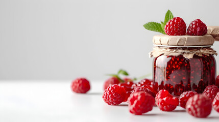Raspberry jam close-up on a white background with copy space, winter banner