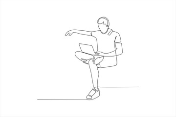 A minimalistic line drawing of a person sitting and using a laptop.