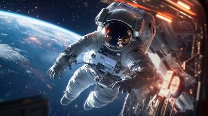 An astronaut floating weightlessly outside a space station, with the Earth and stars visible in the background.