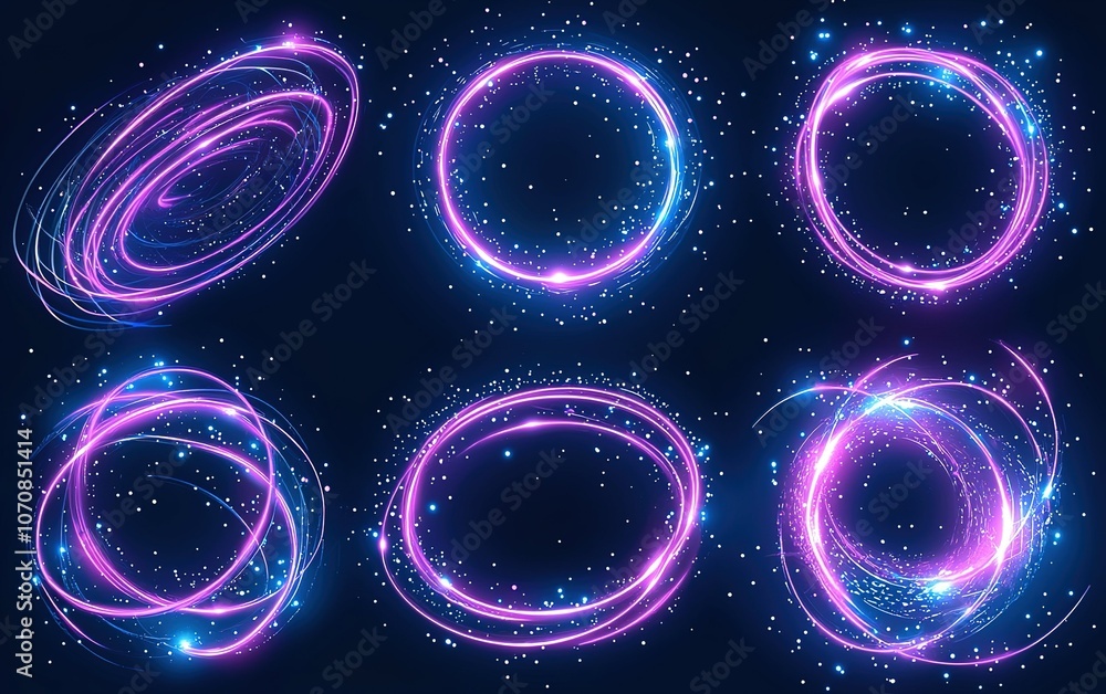 Poster colorful abstract light patterns creating dynamic circular shapes against a dark backdrop