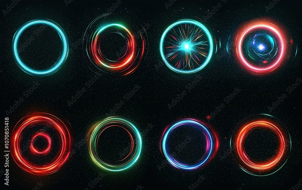 Poster Colorful and dynamic circular light patterns arranged in a grid showcasing various glowing effects against a dark background