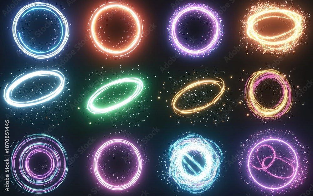 Poster colorful glowing circles with dynamic lighting effects displayed on a dark background, showcasing va
