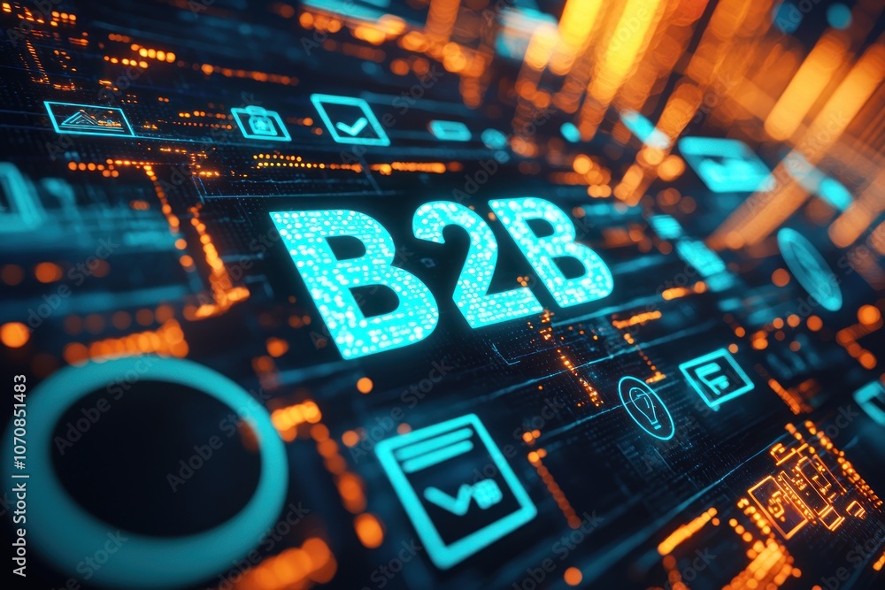 Poster illuminated b2b text on a futuristic digital interface