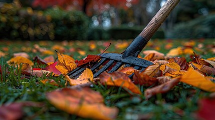 Close-Up of Garden Rake with Dew-Covered Autumn Leaves on Grass, Symbolizing Seasonal Yard Cleanup