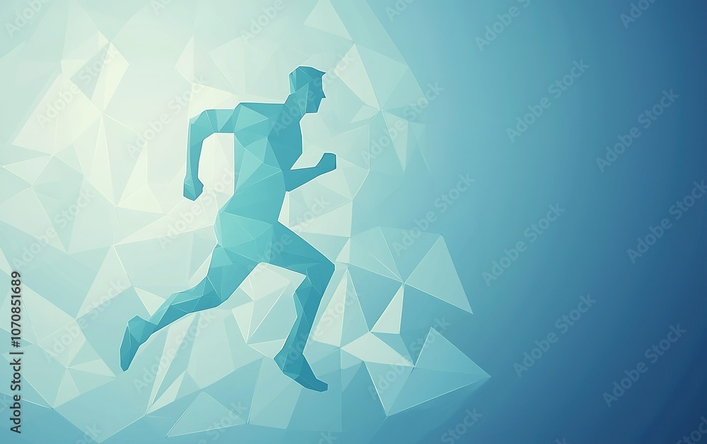 Poster a dynamic running figure depicted in geometric shapes and cool blue hues, emphasizing movement and e