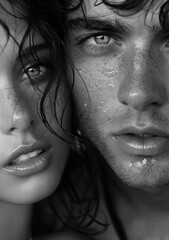 Fototapeta premium Intense Black and White Portrait of Young Couple with Wet Hair and Freckles, Capturing Raw Emotion