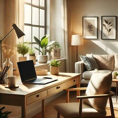 Cosy modern home office set up with natural lighting for remote work 