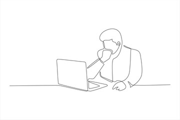 A continuous line drawing of a person working on a laptop, deep in thought.