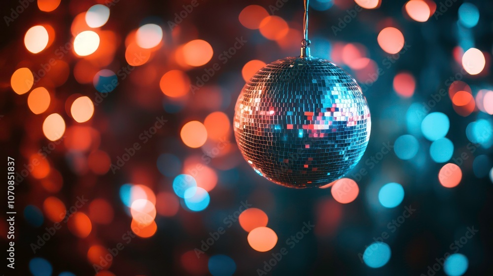 Poster a sparkling disco ball reflecting colorful lights, creating a festive atmosphere.