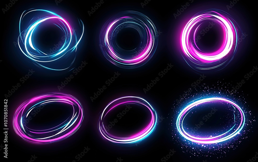 Poster colorful glowing rings in various styles creating vibrant light effects on a dark background during 