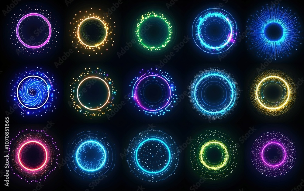 Poster colorful abstract glowing circles on a black background create a mesmerizing visual display of light