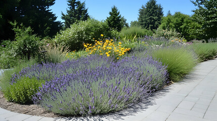 A path winds through a beautiful garden with lavender, grasses, and yellow flowers.