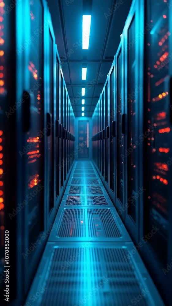 Poster dimly lit server room with red and blue lights, symbolizing data management and digital connectivity
