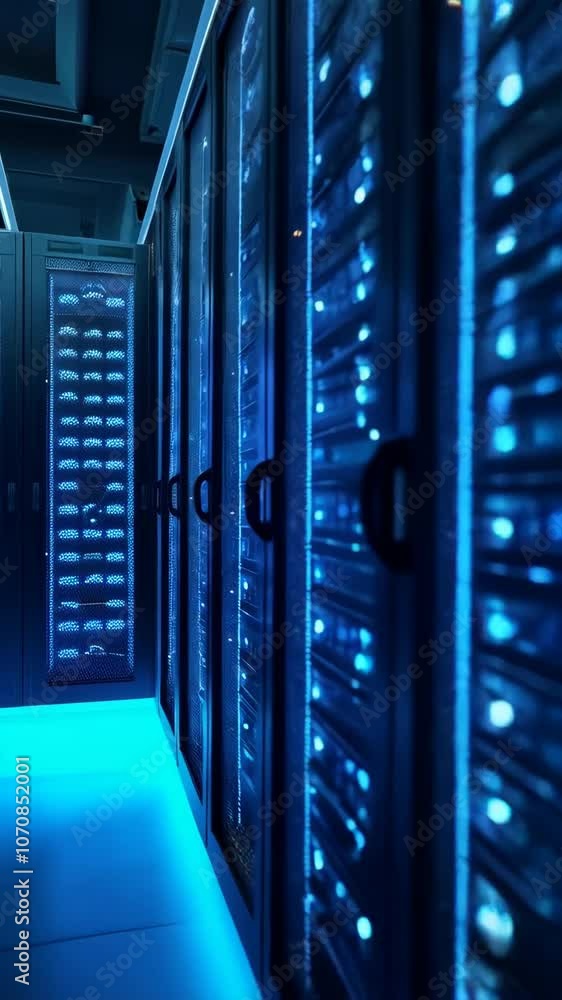 Poster close-up of server racks with blue lights in a modern data center, representing digital infrastructu
