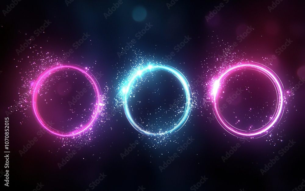 Poster glowing circles with particles in pink and blue shades against a dark background creating a vibrant 