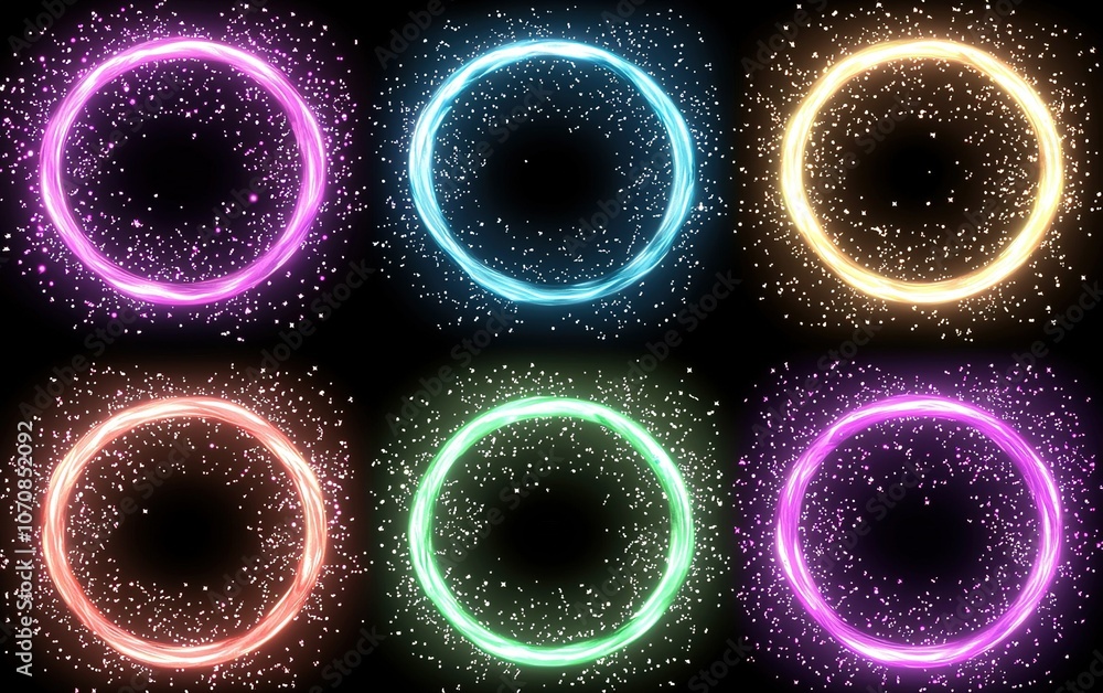 Poster colorful glowing circles with sparkles arranged in a grid pattern on a black background, ideal for c
