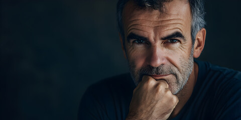 Fototapeta premium The weight of experience: A portrait of a mature man, his gaze intense and his expression thoughtful, conveying a sense of wisdom and contemplation. He is a portrait of experience.