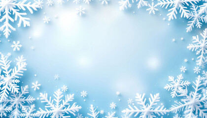 A light, white and pale blue winter background adorned with delicate snowflakes. The soft gradient creates a serene, frosty atmosphere, with a clear space designated for text.