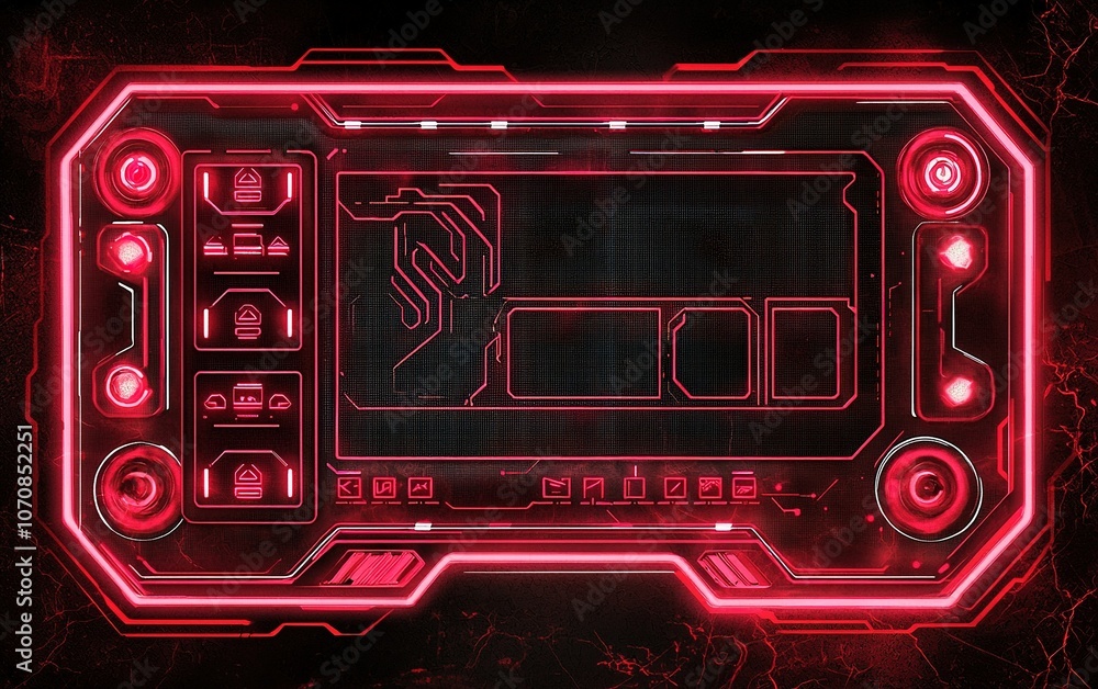 Poster futuristic digital control panel design with vibrant red accents, showcasing advanced technology and