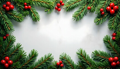 White background featuring a fir tree and red rowan berries, with space for text, perfect for holiday greetings or festive designs.